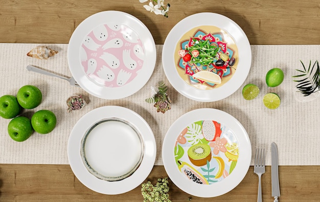 Zestaw trzech talerzy z kolorowymi potrawami